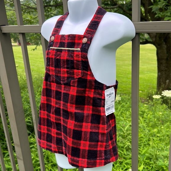 NWT Oshkosh Red & Black Plaid Velvet Overall Vestbak Jumper Dress Size 24M - Picture 3 of 11